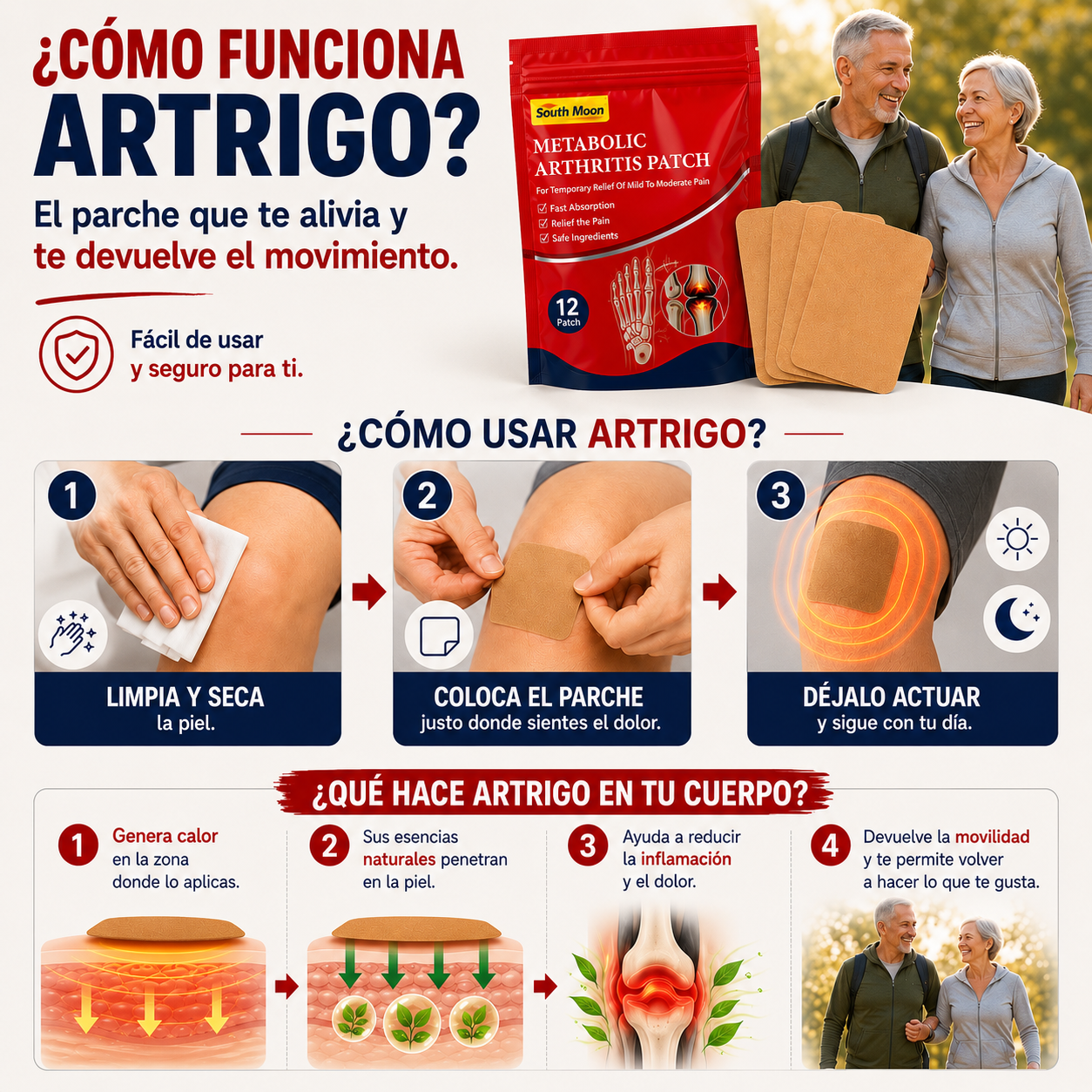 ArtriGo™  Vuelve a caminar, moverte y descansar con menos dolor | livio articular natural, directo donde duele — hasta 8 horas continuas, sin pastillas