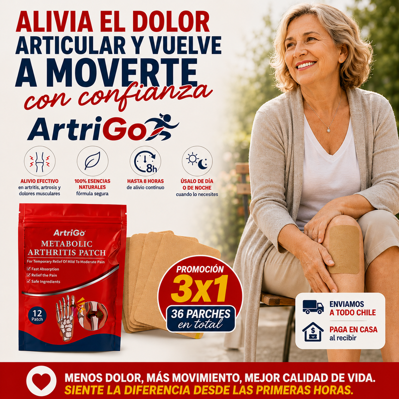 ArtriGo™  Vuelve a caminar, moverte y descansar con menos dolor | livio articular natural, directo donde duele — hasta 8 horas continuas, sin pastillas